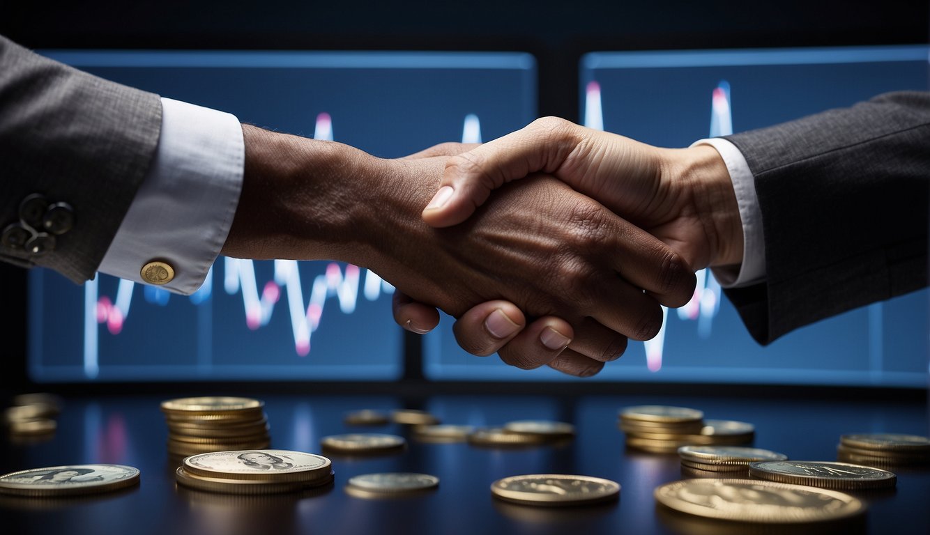 A person shaking hands with a low commission broker, surrounded by dollar signs and a graph showing increasing profits