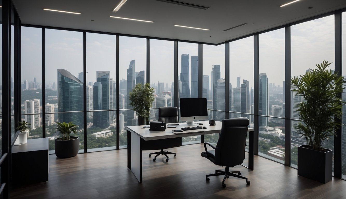 A modern office with a sleek, minimalist design. A computer screen displays a list of top low commission brokers in Singapore