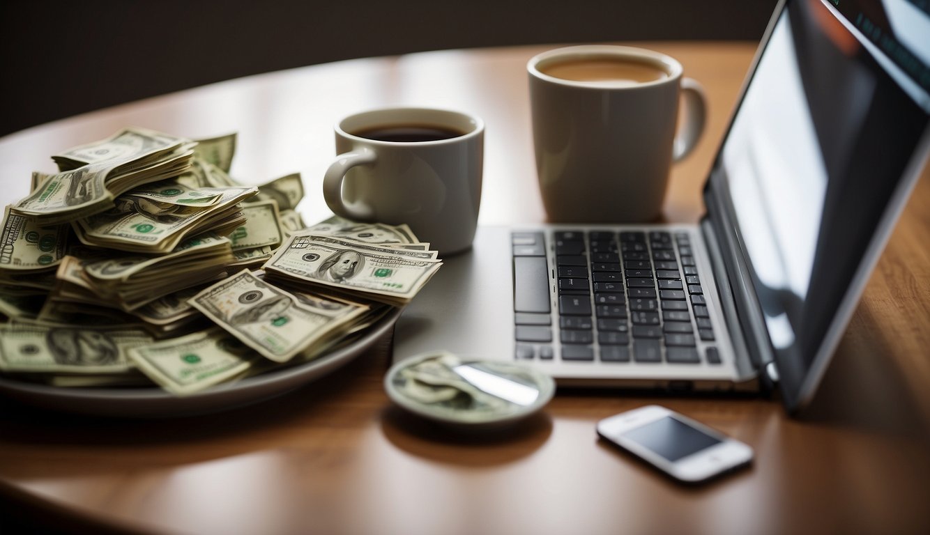 A table with a laptop, coffee mug, and financial charts. A hand placing money into a piggy bank labeled "SIPs."