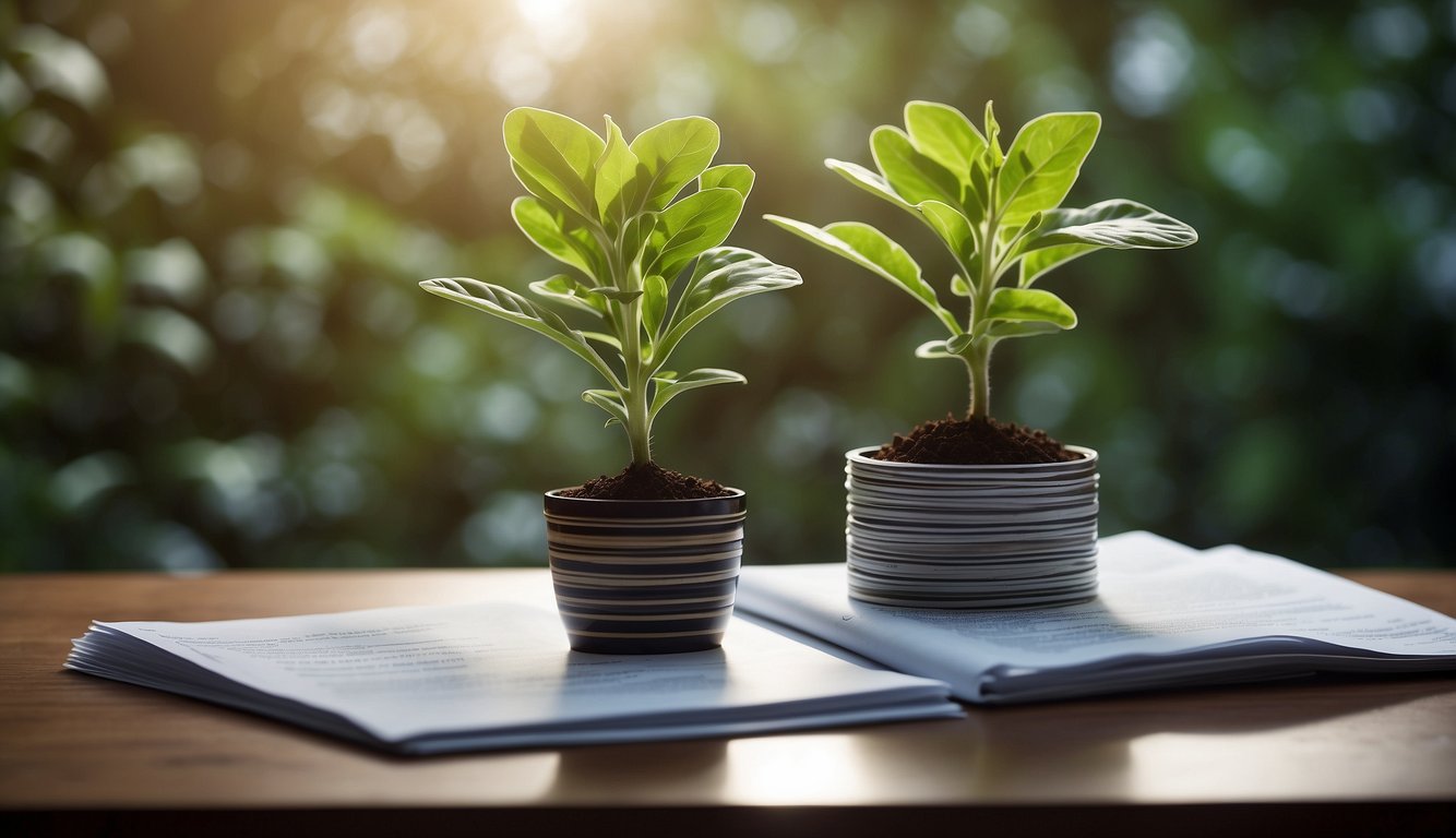 A serene landscape with a stack of investment documents, a growing plant, and a graph showing upward growth