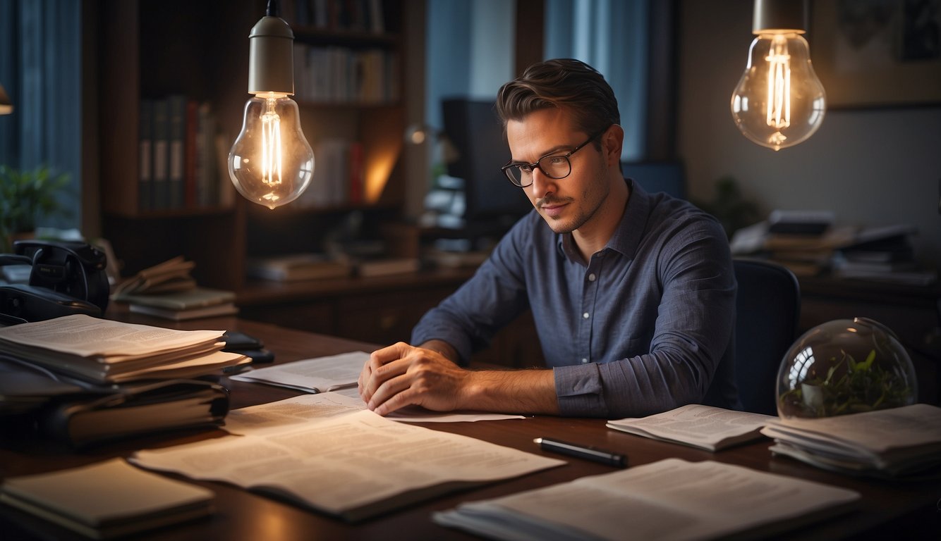 A person sits at a desk, surrounded by financial documents. A light bulb shines overhead, symbolizing the clarity and insight gained from Adullam Life Counselling's practical financial strategies