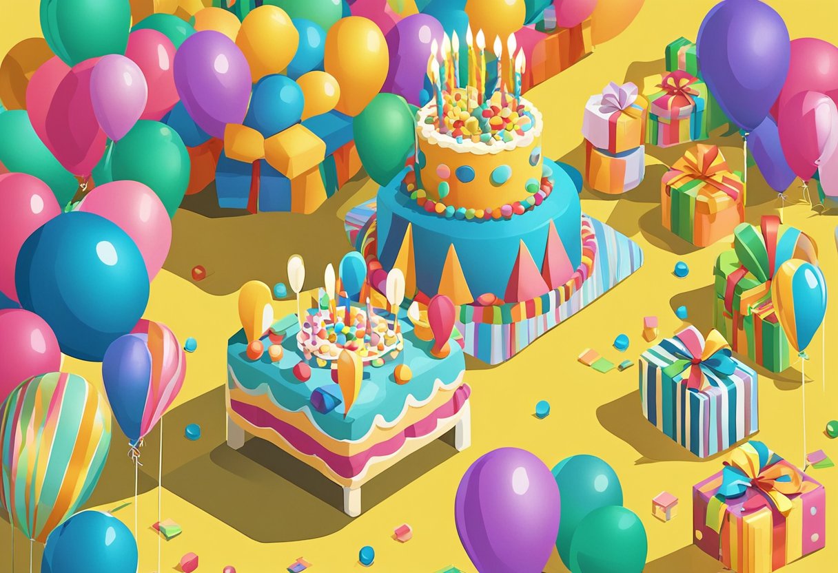 A colorful birthday party scene with balloons, cake, and presents to represent a joyful celebration for a son's 4th birthday