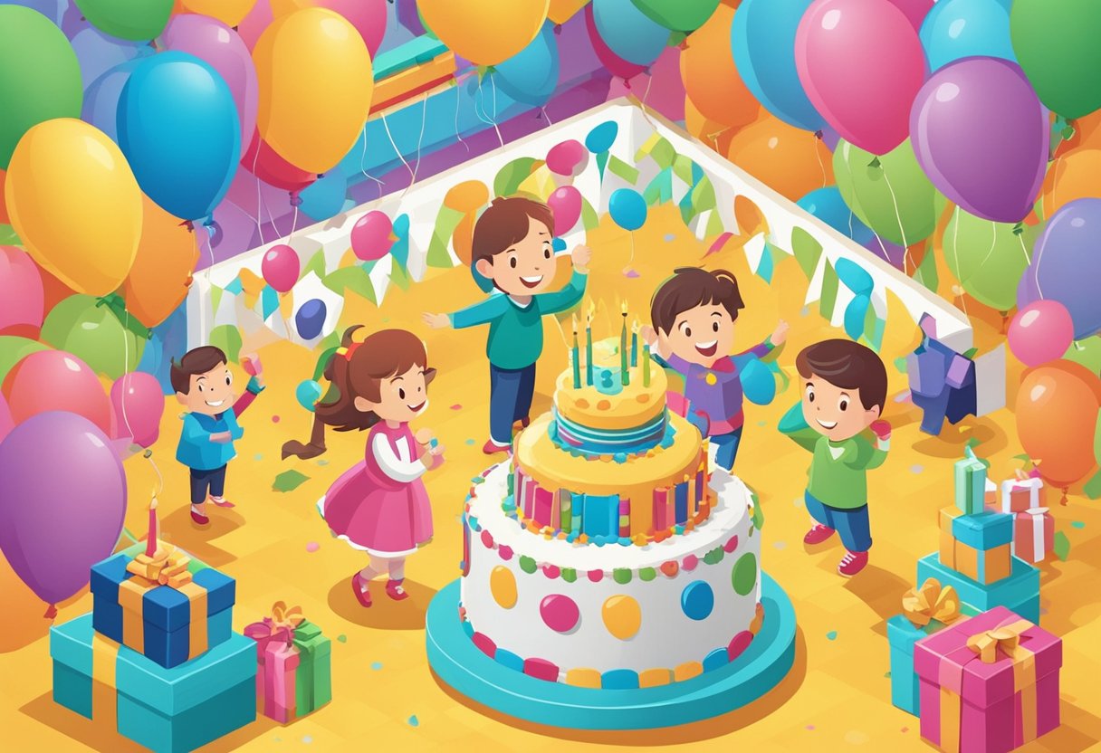 A colorful birthday party scene with balloons, cake, and gifts for a young boy turning four