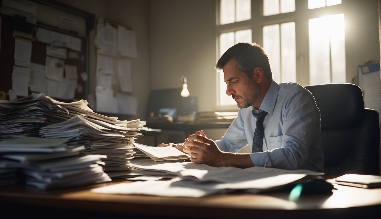 A person sitting at a cluttered desk, surrounded by bills and financial statements. They are looking stressed and overwhelmed. A ray of light shines through the window, symbolizing hope and relief
