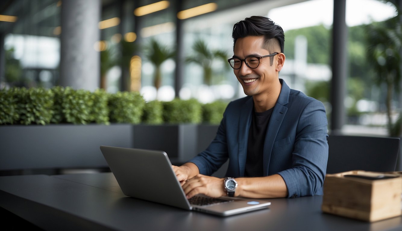 A person using a smartphone to trade stocks online, with a laptop open beside them showing a trading platform. The person is smiling and appears satisfied with the convenience and benefits of using a low commission broker in Singapore