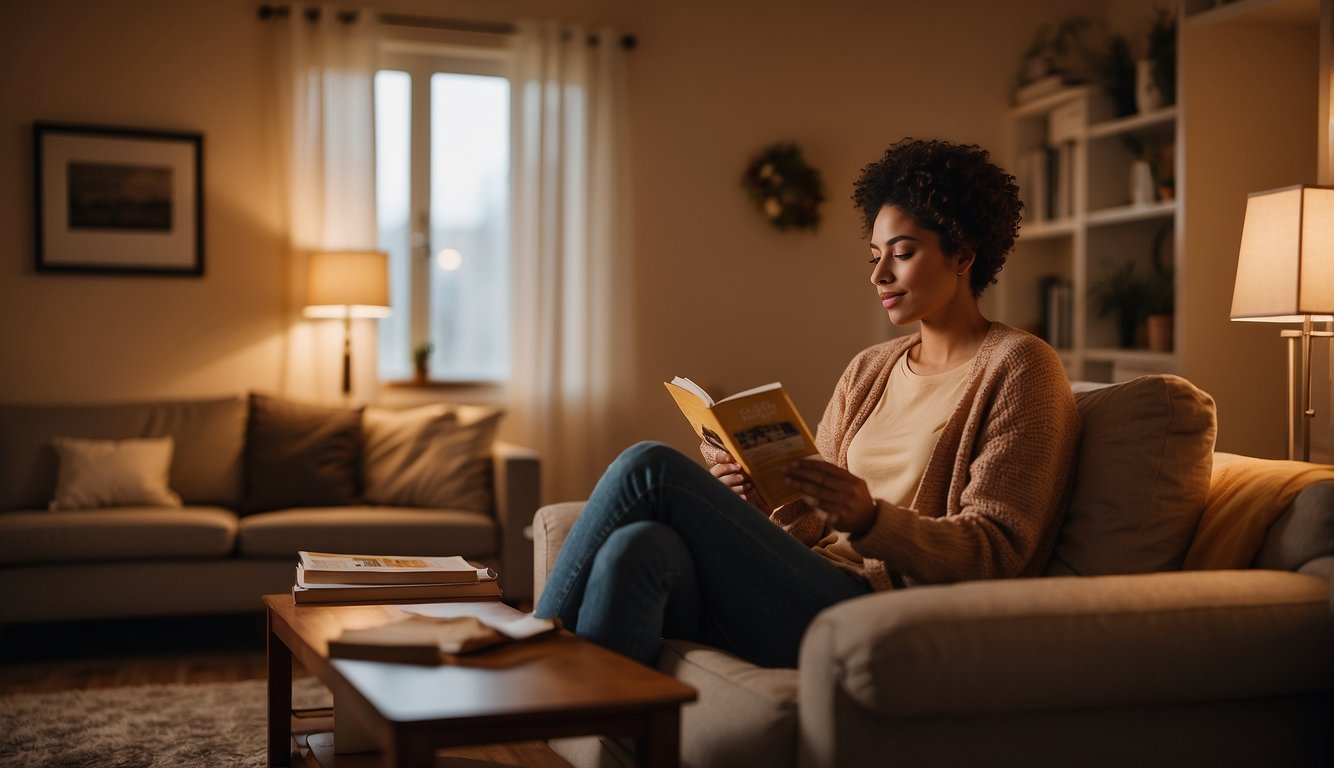 A person sitting in a cozy room, surrounded by warm colors and soft lighting, with a peaceful expression while reading a brochure about Adullam Life Counselling's benefits