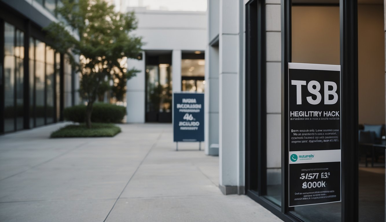 A brokerage office with a secure entrance, regulatory documents displayed, and a sign promoting low commission rates