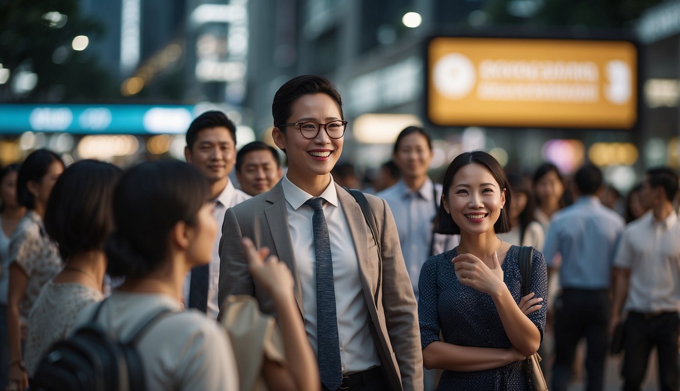 A group of people eagerly seeking information from a broker in Singapore, surrounded by signs advertising low commissions and benefits