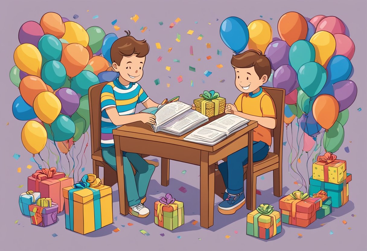 A young boy sits at a table surrounded by colorful balloons and presents, a big smile on his face as he reads a birthday card with "5th birthday quotes for son" written on it