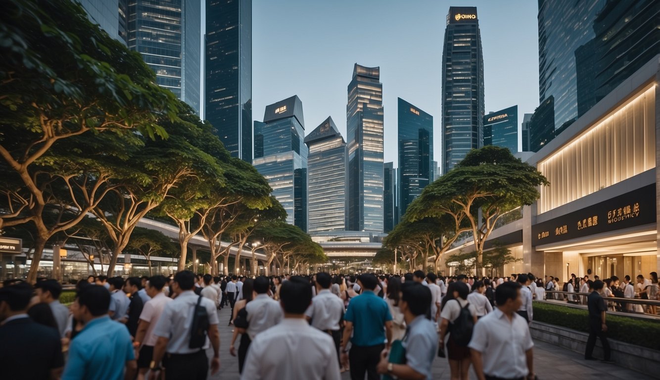 A bustling financial district in Singapore, with brokers and traders conducting business under the watchful eye of regulatory authorities