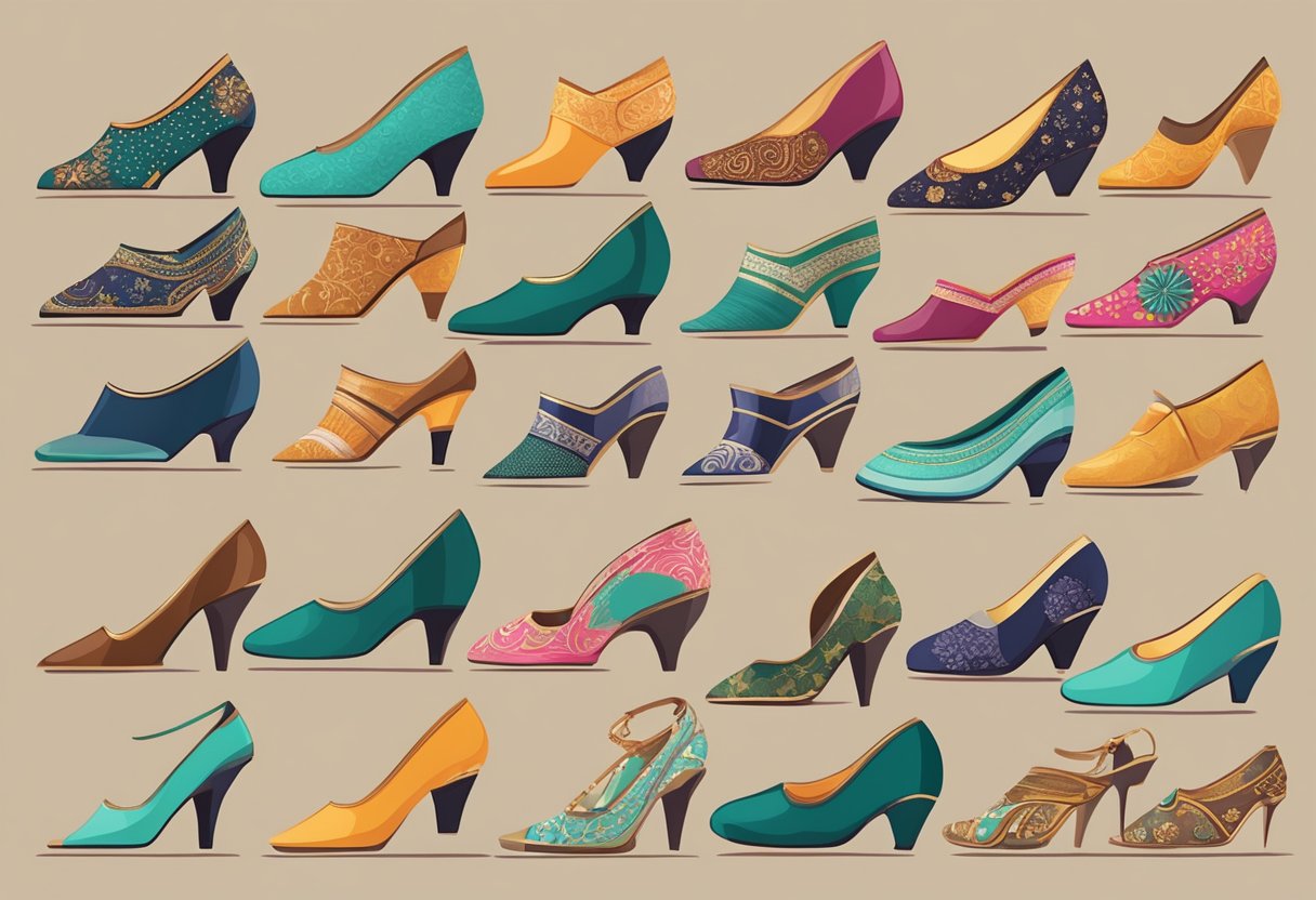 A variety of heel types arranged next to different styles of sarees, with a focus on matching colors and designs