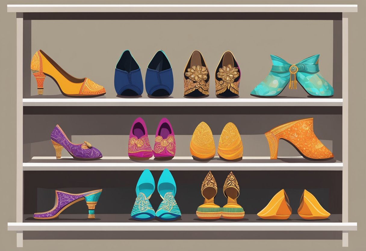 A collection of heels arranged on a shelf, with a traditional saree draped nearby. Each pair reflects a different style and height, suitable for various occasions