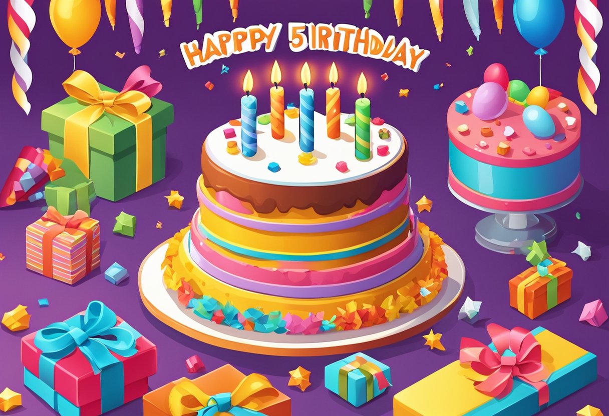 A colorful birthday cake with five candles, surrounded by toys and gifts. A banner with "Happy 5th Birthday" hangs in the background