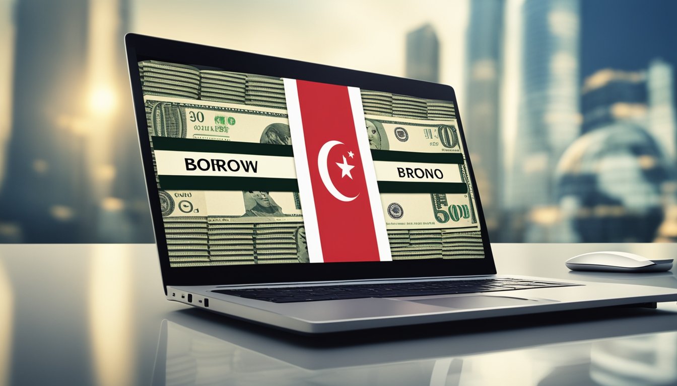 A laptop with a Singapore flag background, a stack of cash, and a computer mouse clicking on a "Borrow Money Online" button