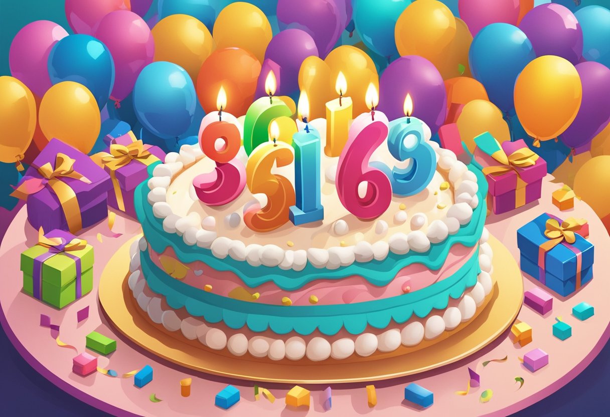 A colorful birthday cake with six candles lit, surrounded by balloons and presents, with a "Happy 6th Birthday" banner in the background