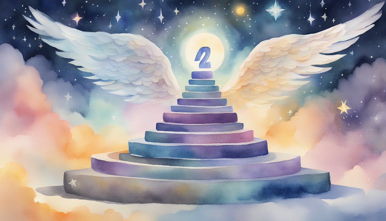 A glowing 246 angel number hovers above a stack of frequently asked questions, surrounded by celestial symbols and a sense of serenity