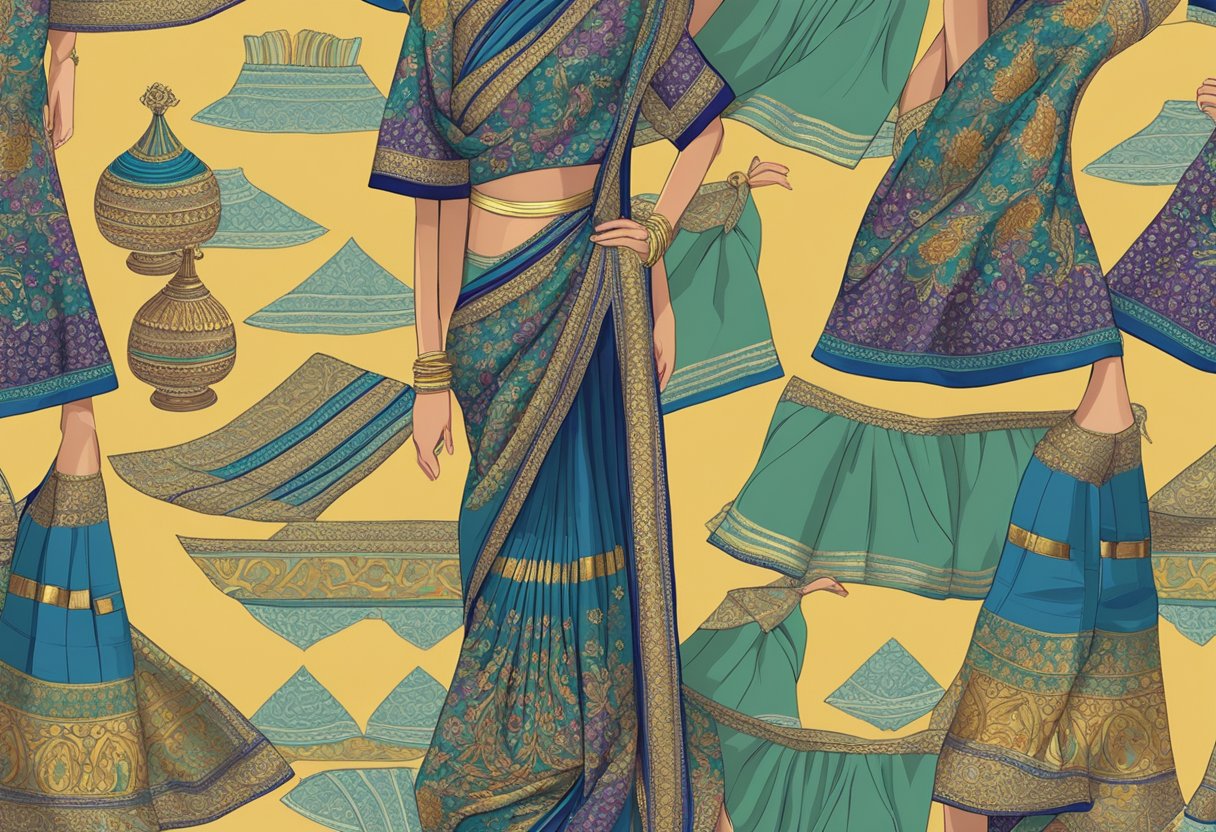 A neatly folded saree lies on a flat surface, with a matching bra placed on top. The colors and patterns of the two garments complement each other, creating a visually appealing combination