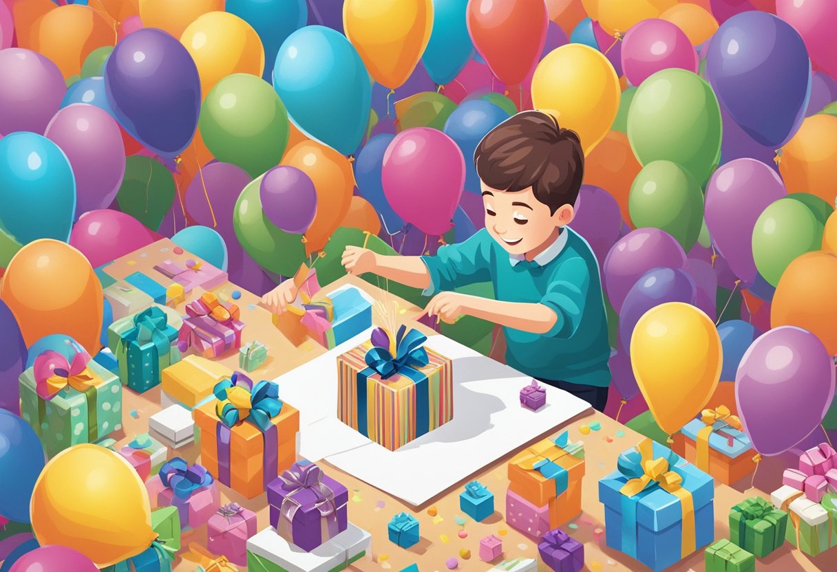 A young boy joyfully opens birthday cards, surrounded by colorful balloons and presents