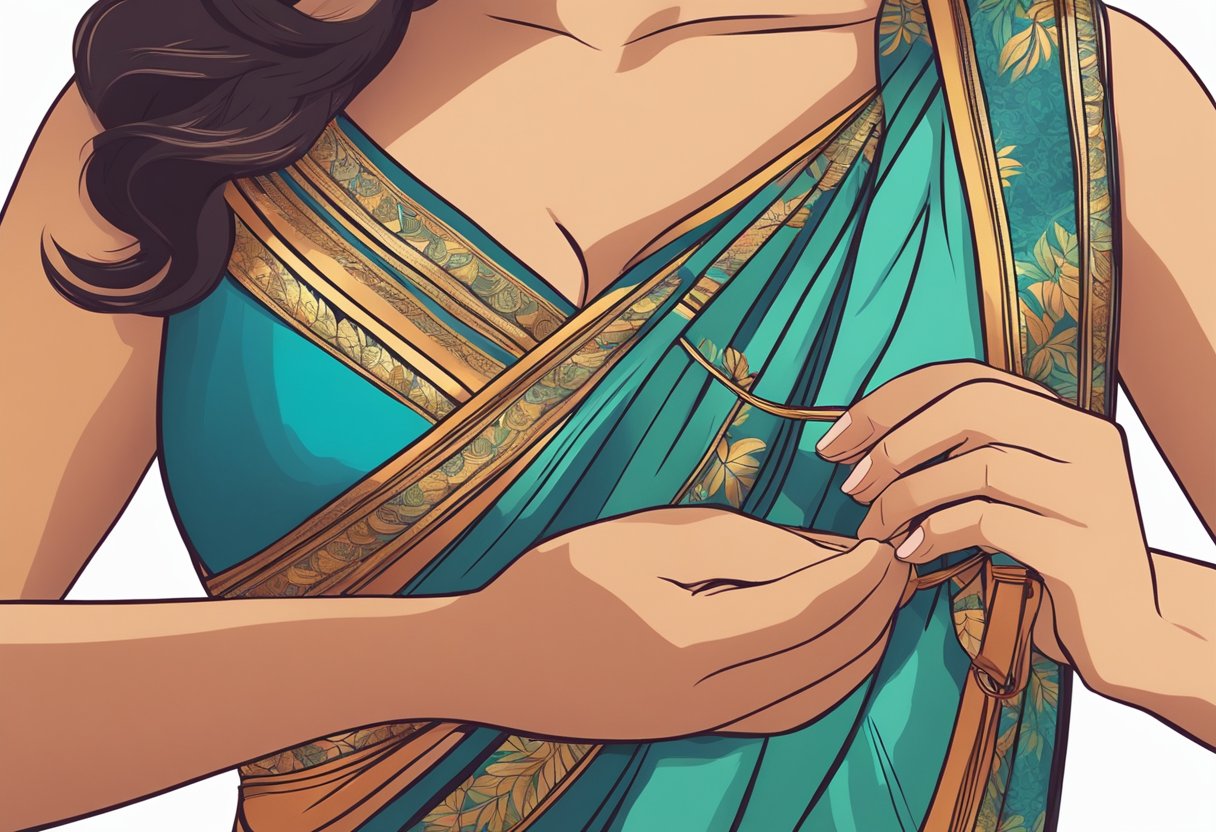 A woman's hand adjusts a bra strap under a vibrant saree, emphasizing the importance of choosing the right bra for a flattering appearance