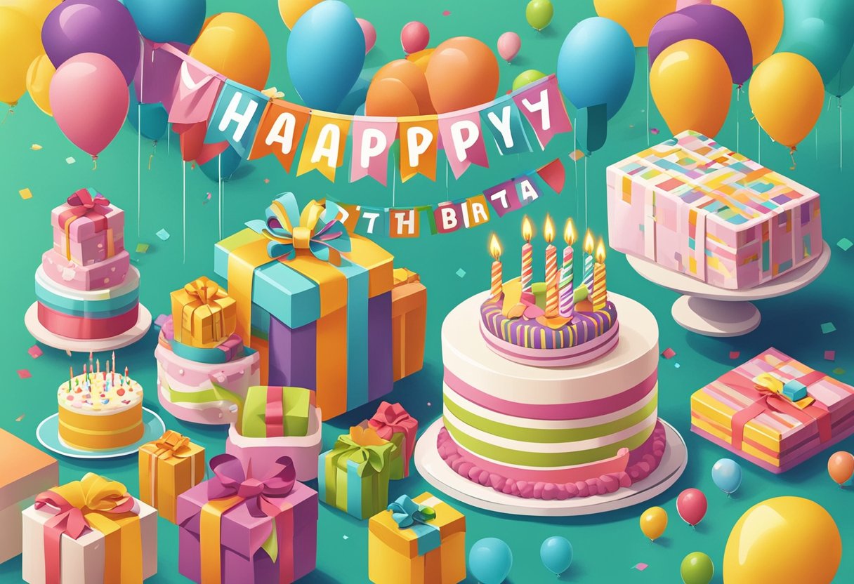 A colorful birthday party table with a cake, balloons, and presents. A banner reads "Happy 7th Birthday" in bold letters