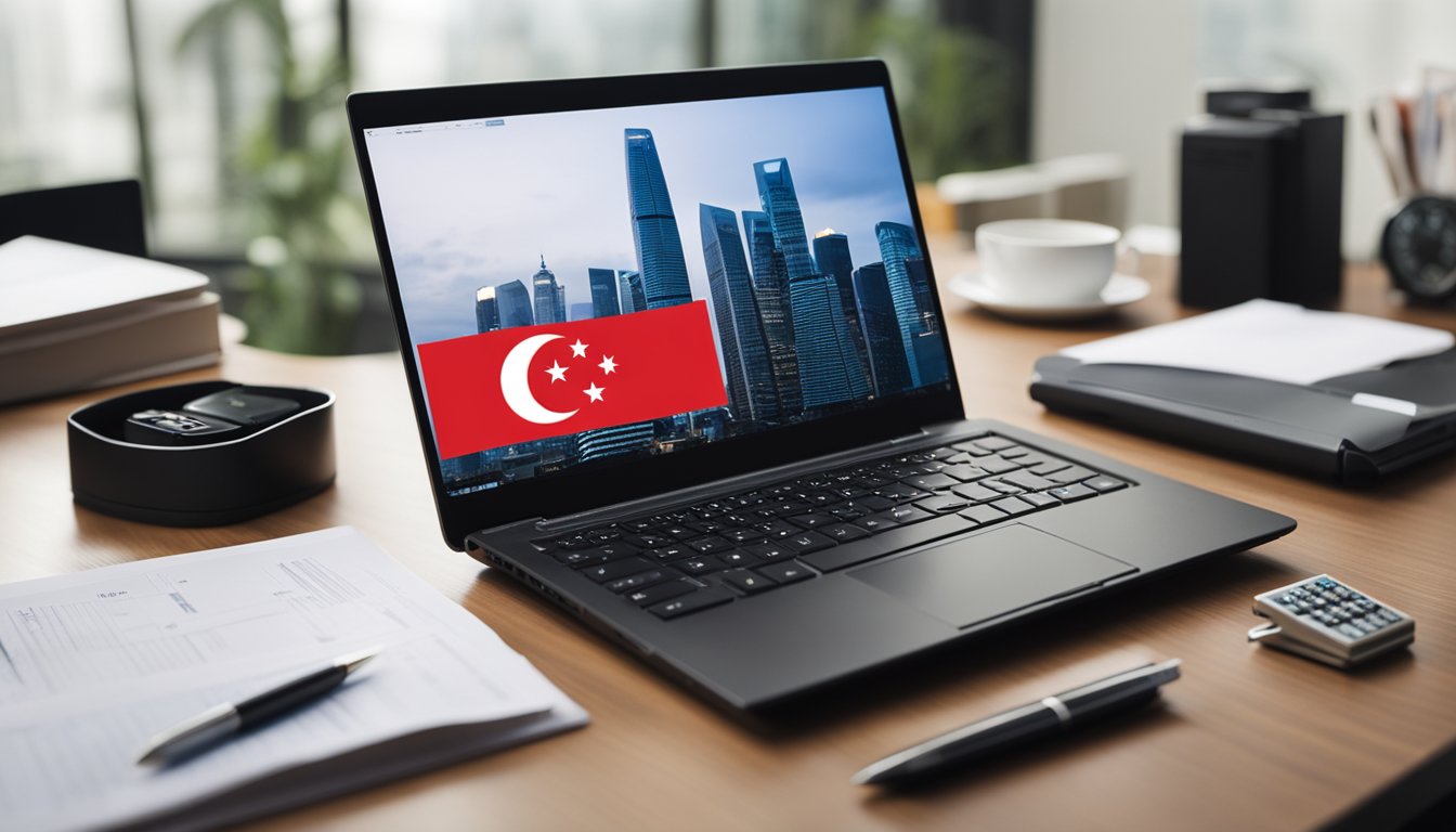 A laptop on a desk with a Singaporean flag in the background, surrounded by financial documents and a calculator