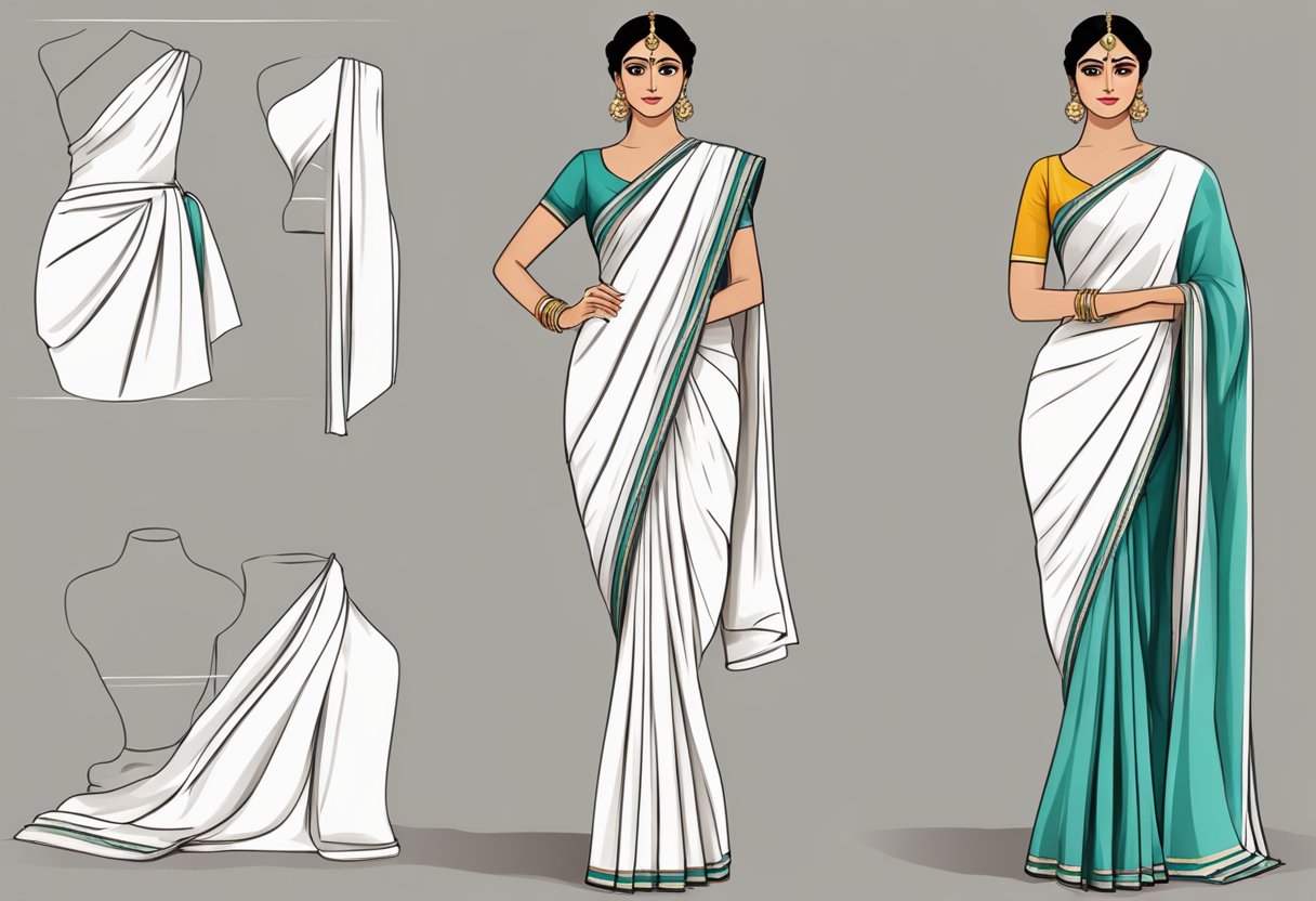 A saree draped elegantly on a mannequin, with pleats neatly arranged and the pallu gracefully falling over the shoulder