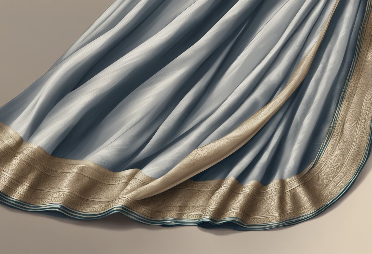A saree laid out on a clean, neutral background with folds and pleats neatly arranged for a social media photo shoot