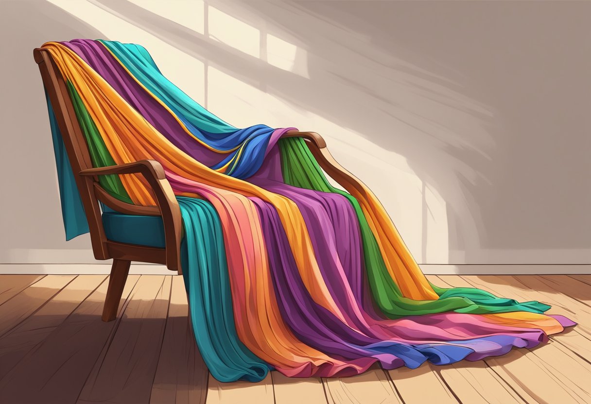 A colorful saree draped over a rustic wooden chair, with elegant folds and pleats. A soft light illuminates the fabric, casting a gentle shadow