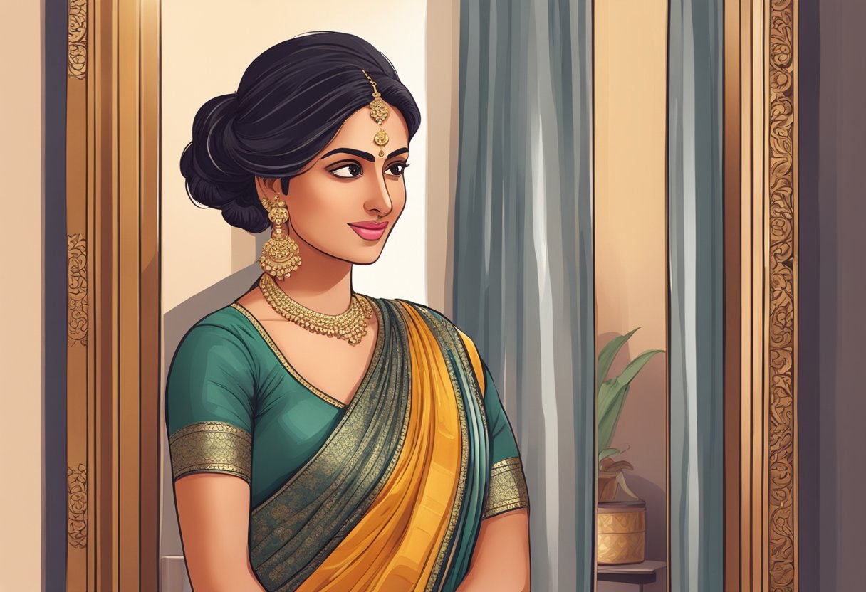 A woman in a saree standing in front of a mirror, adjusting her drape with a confident expression