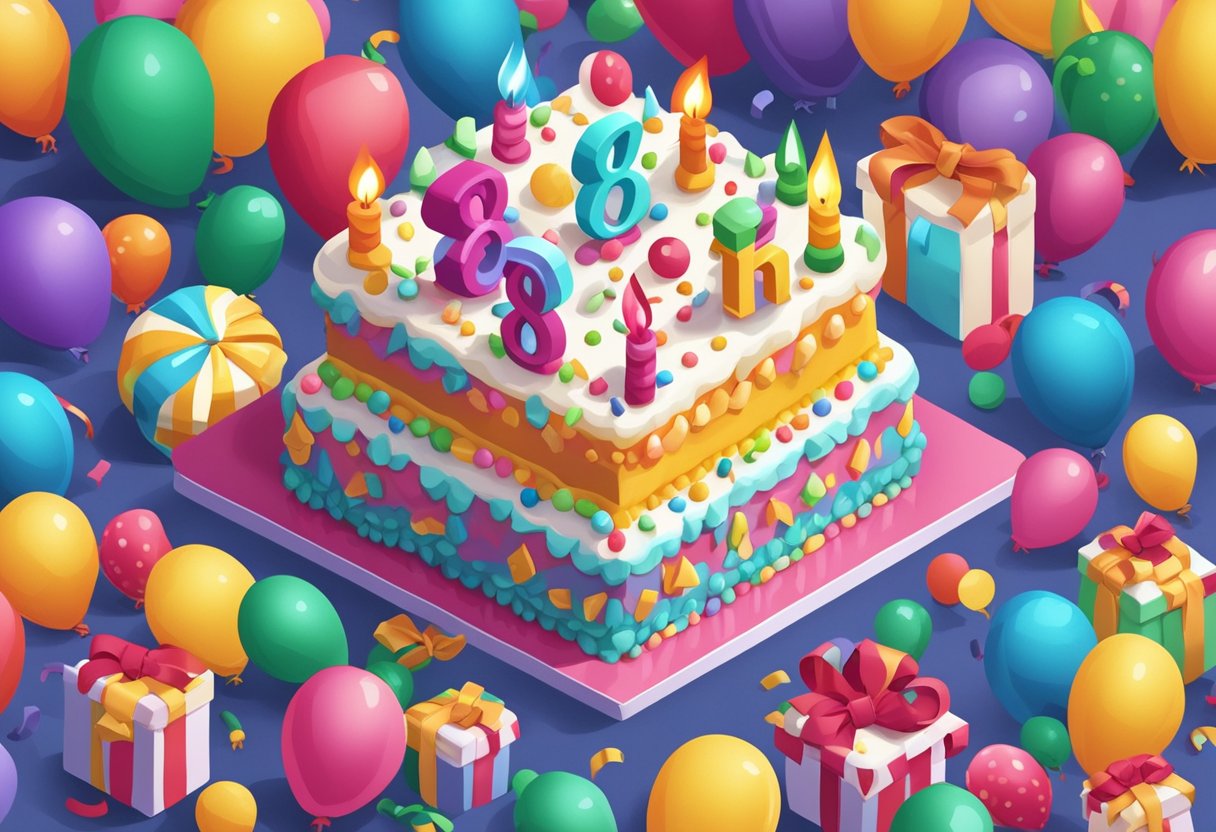 A colorful birthday cake with "Happy 8th Birthday" written in icing, surrounded by balloons and presents