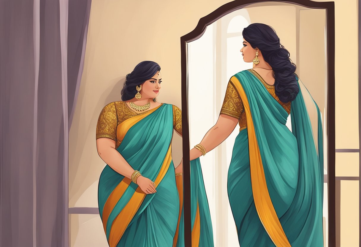 A plus-size woman admires herself in a mirror, wearing a flowing silk saree that drapes elegantly over her curves