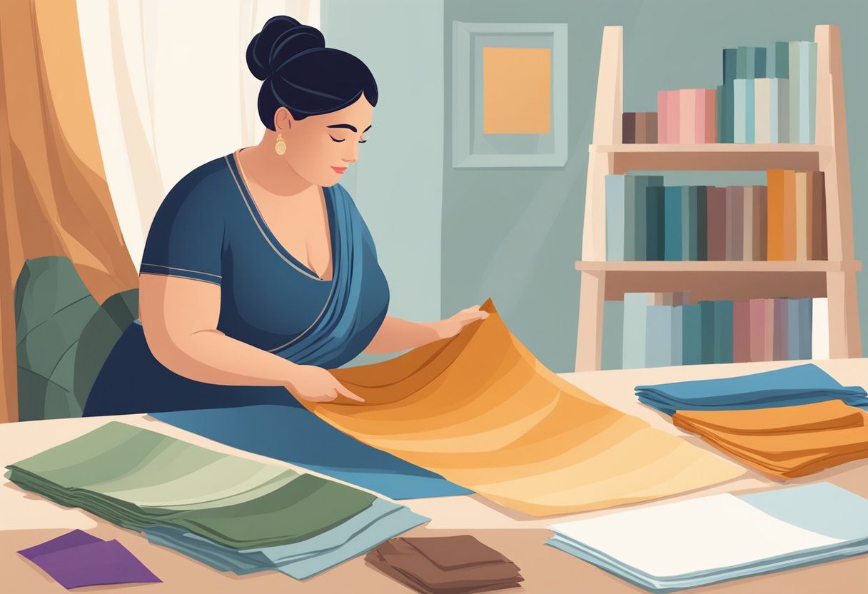 A plus-size woman carefully examines various fabric swatches, considering drape and texture. She holds a silk saree up to the light, comparing it to a soft cotton option