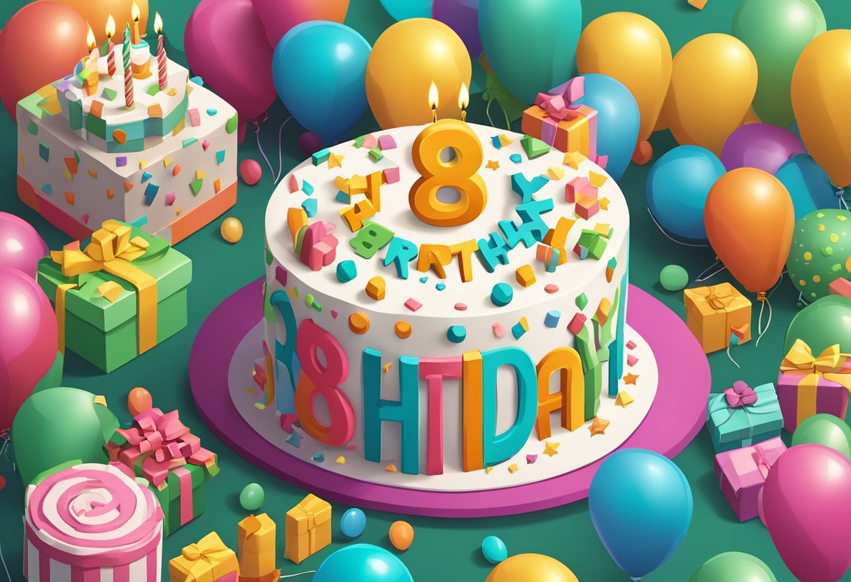 A colorful birthday cake with "Happy 8th Birthday" written on top, surrounded by balloons and presents