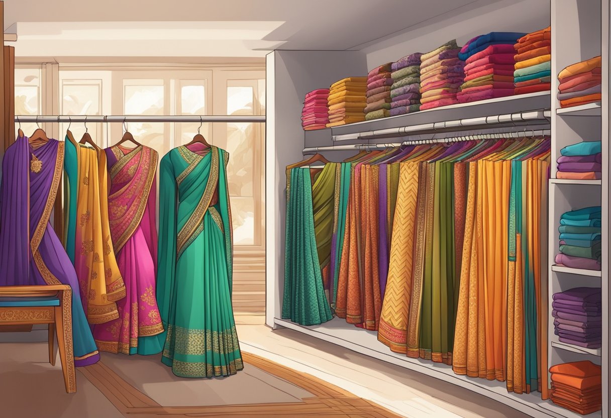 A colorful array of sarees in various fabrics and patterns, displayed on racks in a spacious and well-lit boutique