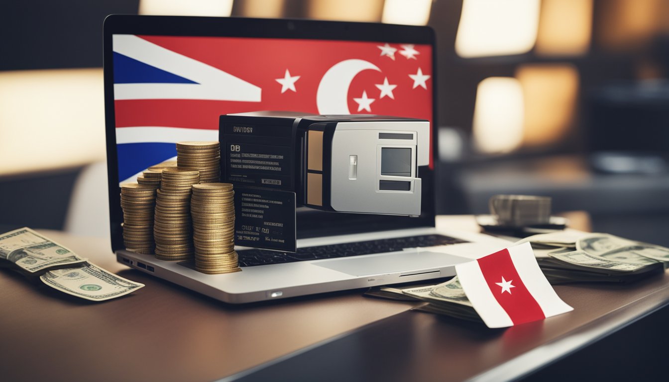 A laptop on a desk with a Singapore flag in the background, and a stack of money next to it