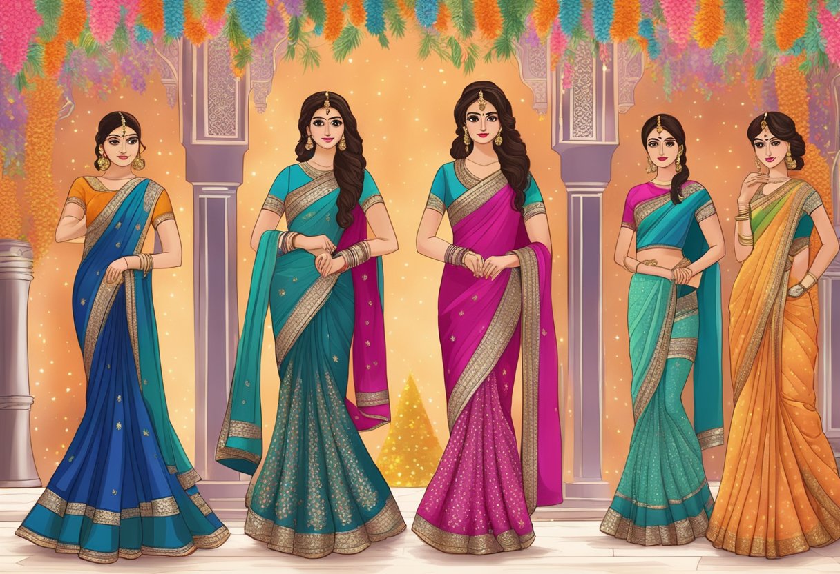 A colorful array of sarees draped on mannequins, each with intricate embroidery and shimmering details, set against a backdrop of festive decorations and twinkling lights