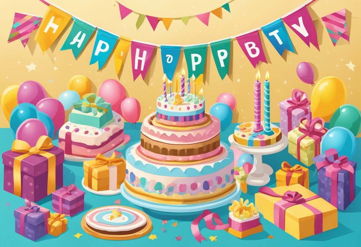 A colorful banner hangs above a table adorned with a cake and presents. A card with "Happy 9th Birthday, Son" sits prominently in the center