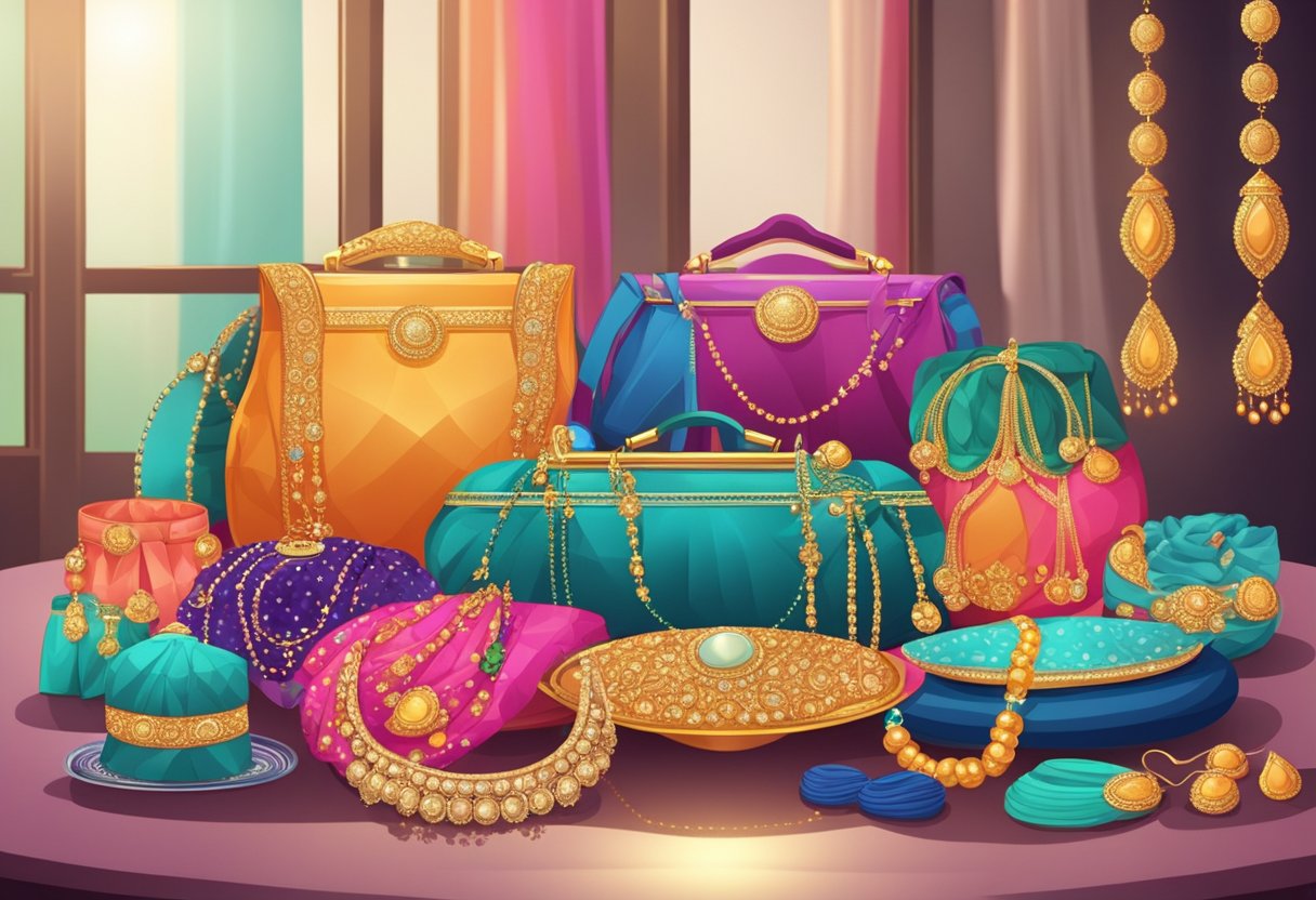 A table with neatly arranged sarees and various accessories like jewelry, handbags, and shoes. Bright lights and a festive atmosphere in the background