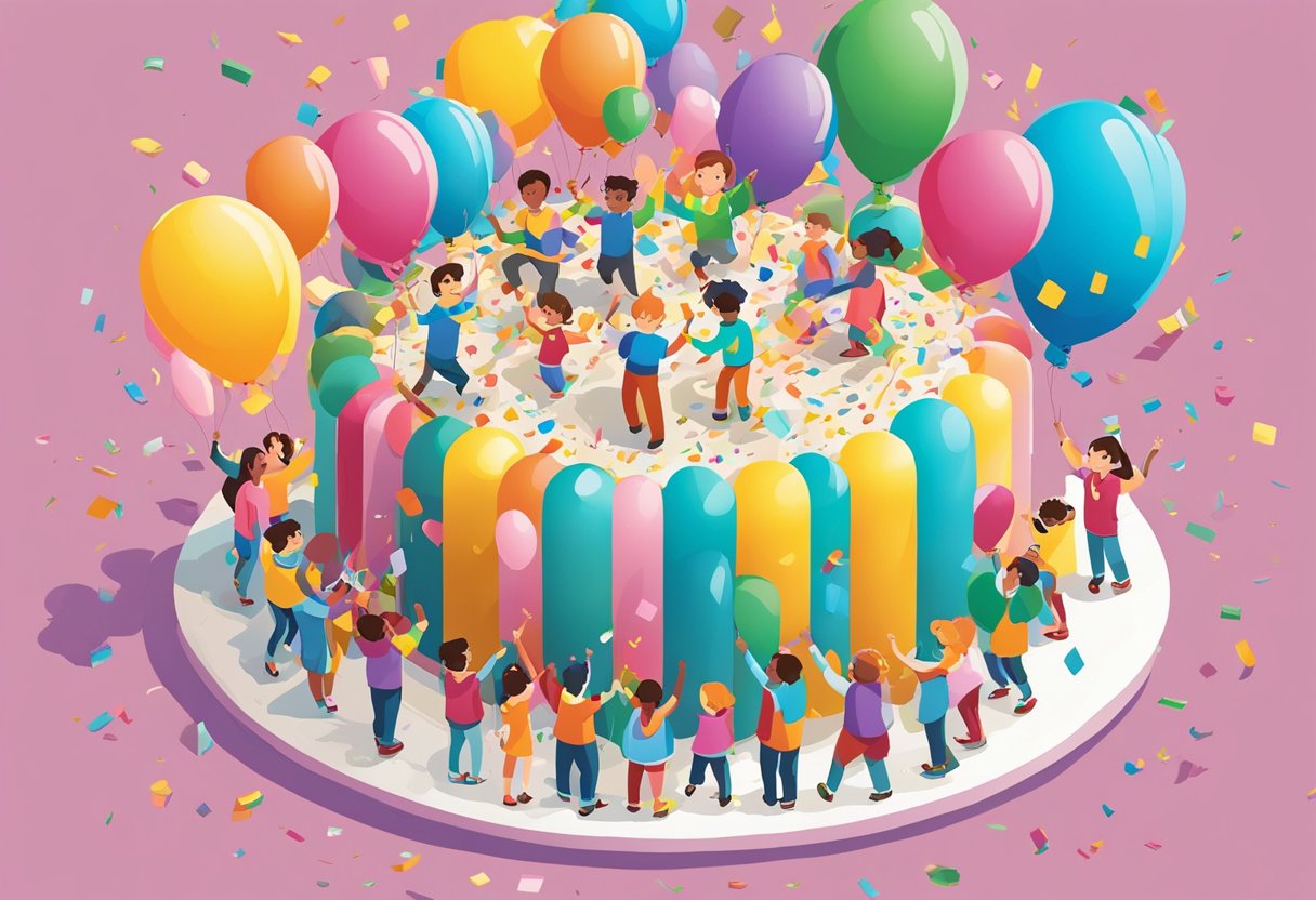 Colorful balloons and confetti fill the air, as a large "9" birthday cake takes center stage. Surrounding it are joyful children and proud parents, all smiling and cheering for the birthday boy