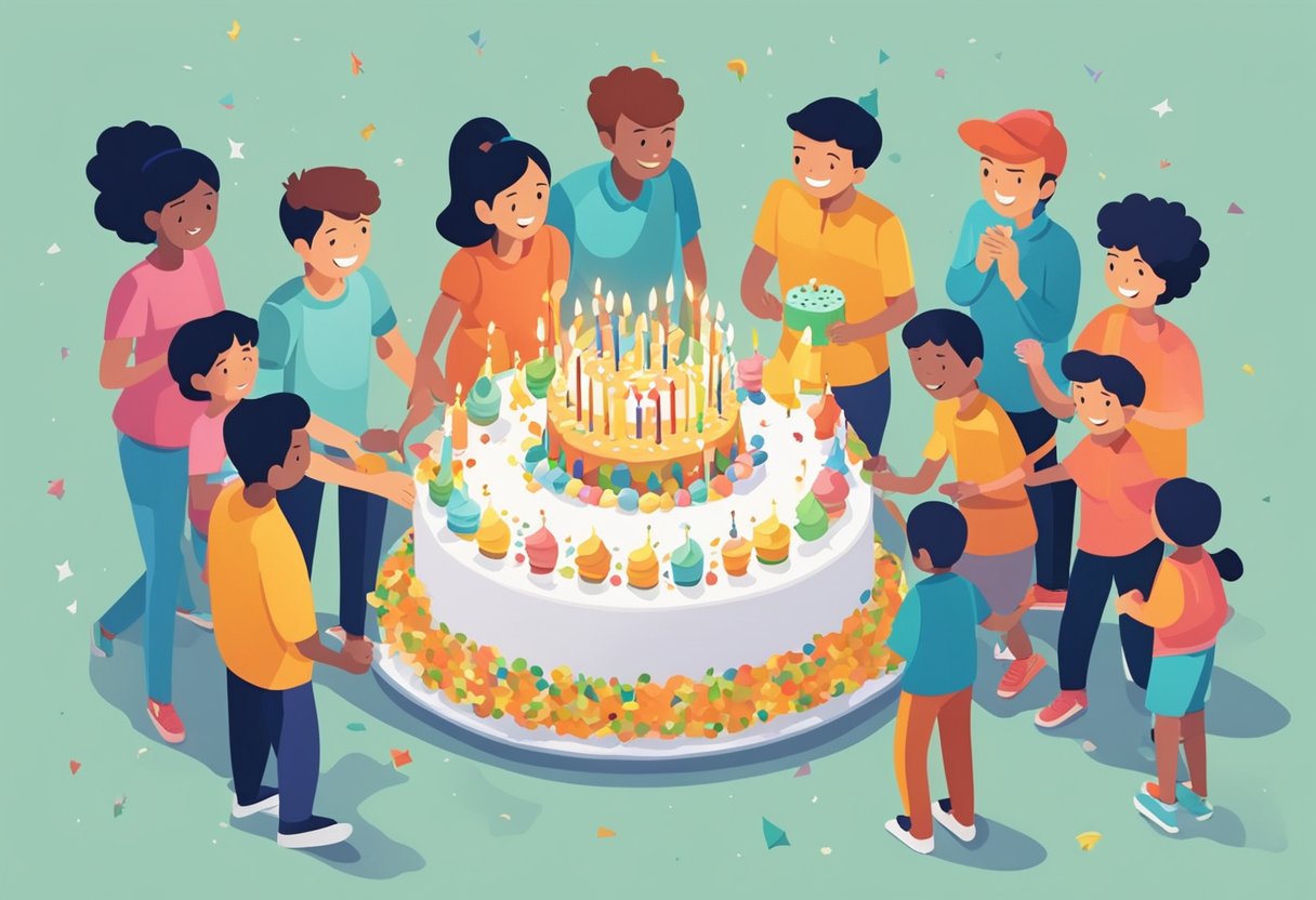 A young boy surrounded by friends and family, blowing out the candles on his birthday cake with a big smile on his face