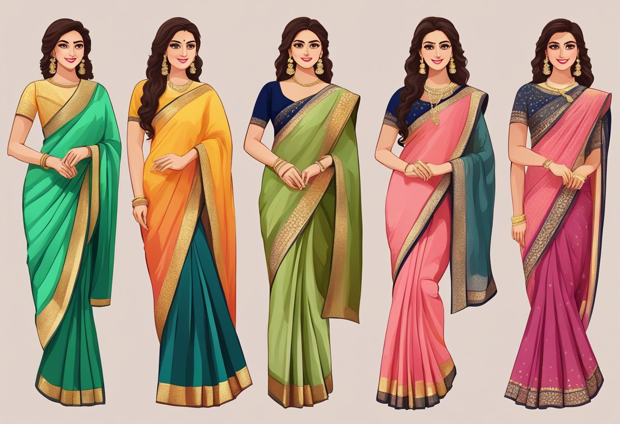 A vibrant display of 5 party wear saree looks with accompanying frequently asked questions