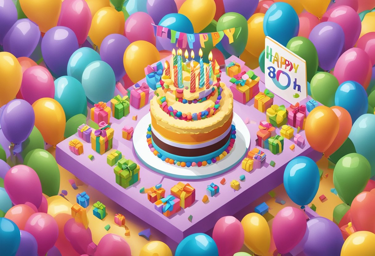 A colorful birthday cake with "Happy 10th Birthday" written on it, surrounded by balloons and presents