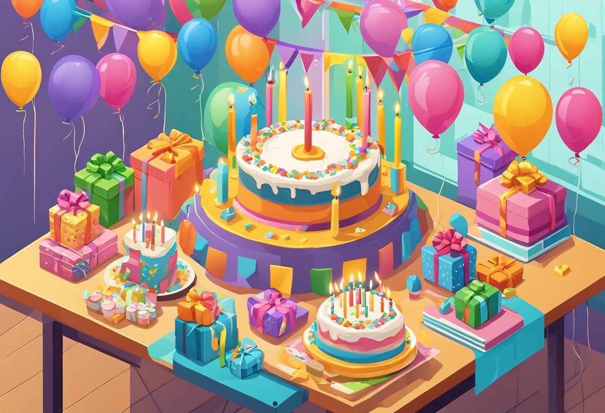 A colorful birthday banner hangs above a table filled with presents and a birthday cake with ten candles. Balloons and streamers decorate the room