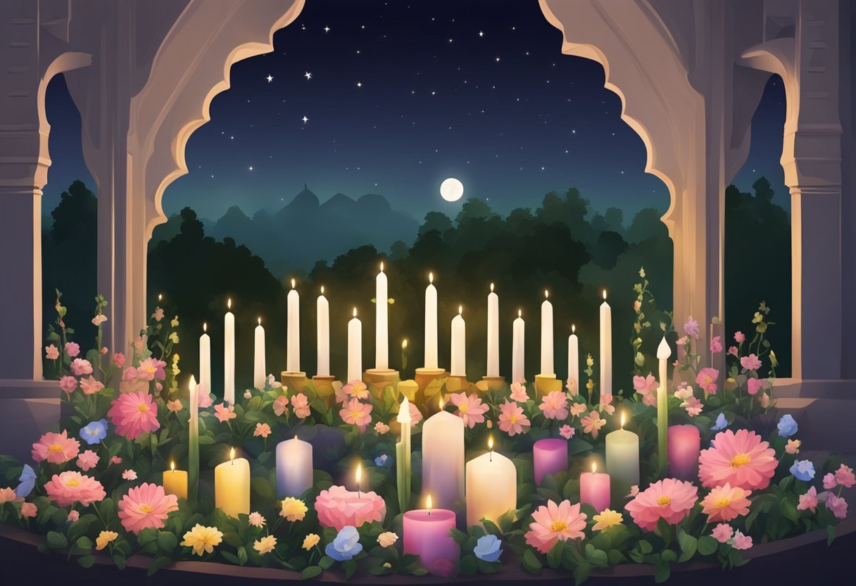 Shab e Barat: moonlit night, candles flicker, graves adorned with flowers, families pray, remembrance for deceased