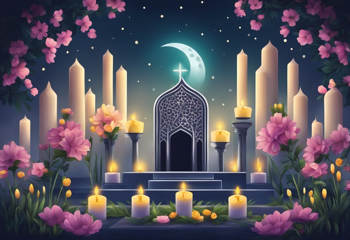 A moonlit night with candles and flowers adorning graves, symbolizing the significance of Shab e Barat as the day for remembering the deceased