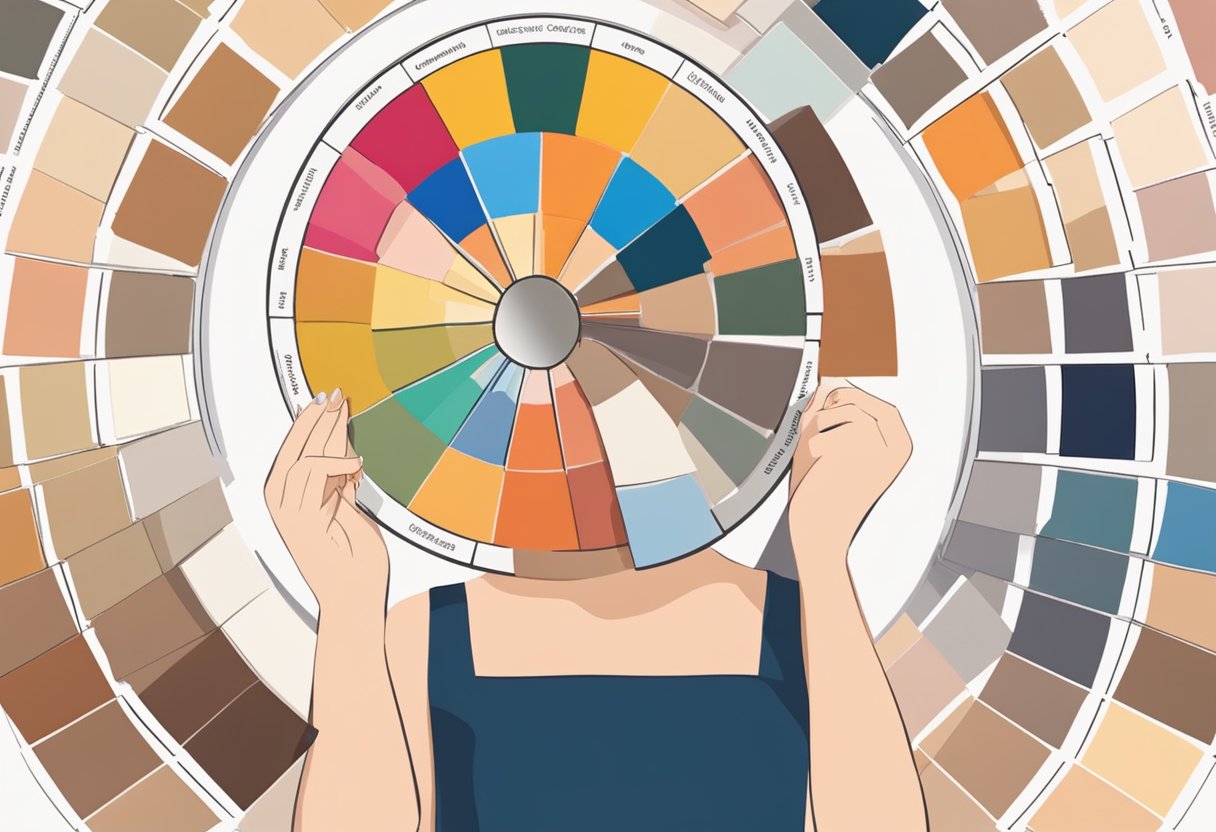 A color wheel with various saree swatches, each labeled with skin tone categories. A woman's hand holding a fabric swatch up to her face, comparing against a mirror