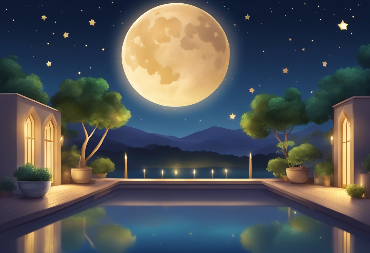 The scene depicts a serene night with a bright moon, stars, and a peaceful atmosphere, indicating the observance of Shab e Barat in 2024
