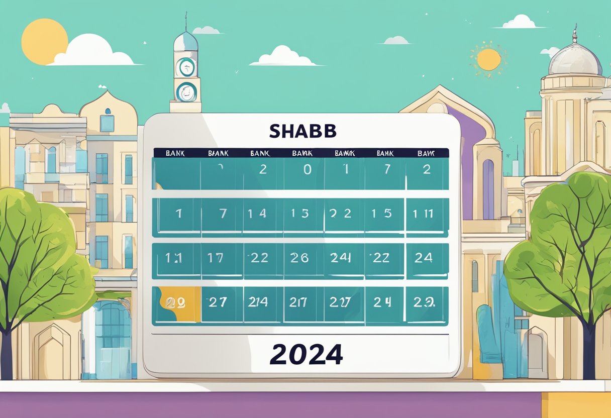 The illustration shows a calendar with the date "Shab e Barat 2024" highlighted. The words "Bank Holiday" are written above the date
