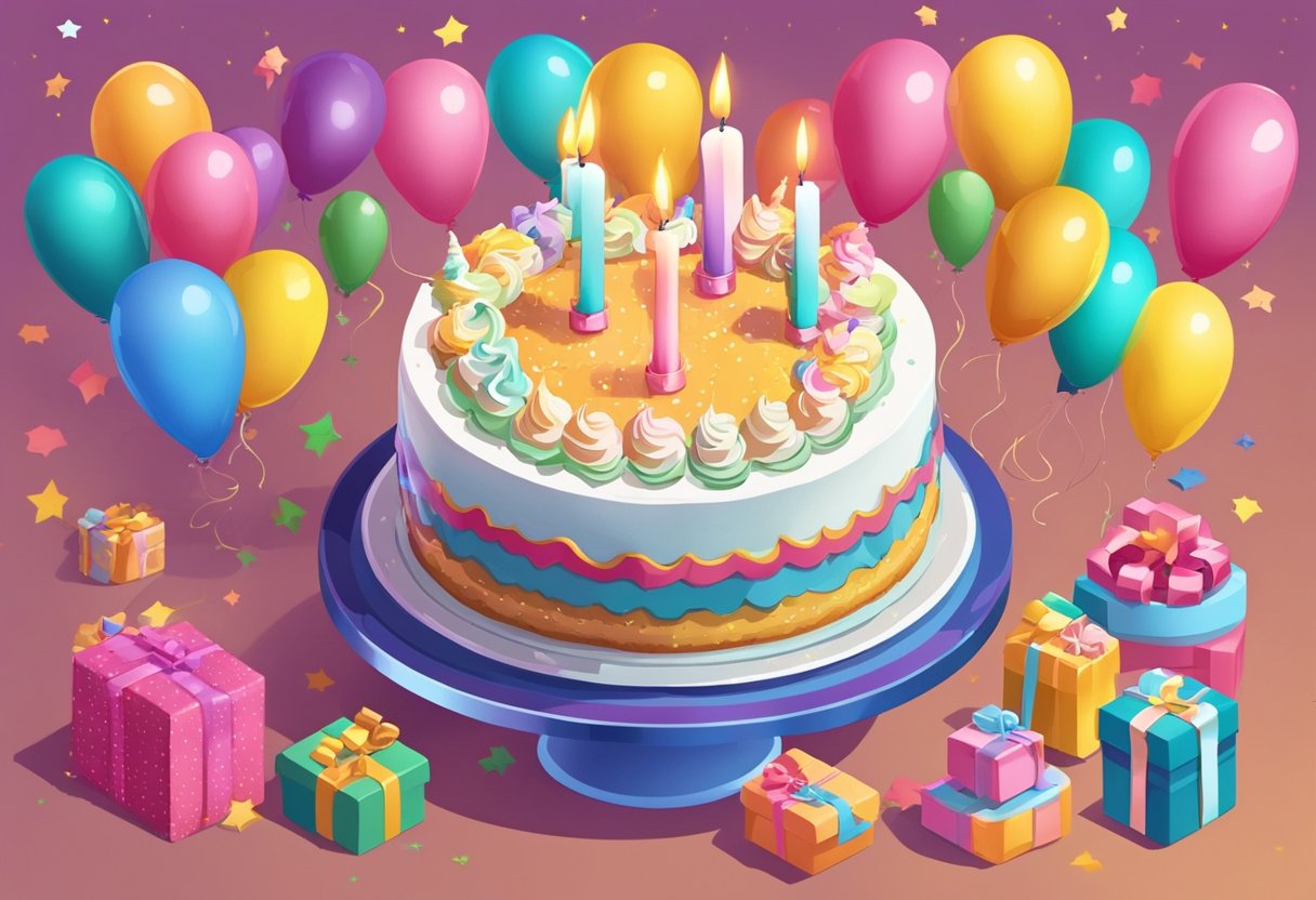 A colorful birthday cake with 11 candles lit, surrounded by presents and balloons, with a banner reading "Happy 11th Birthday" in the background