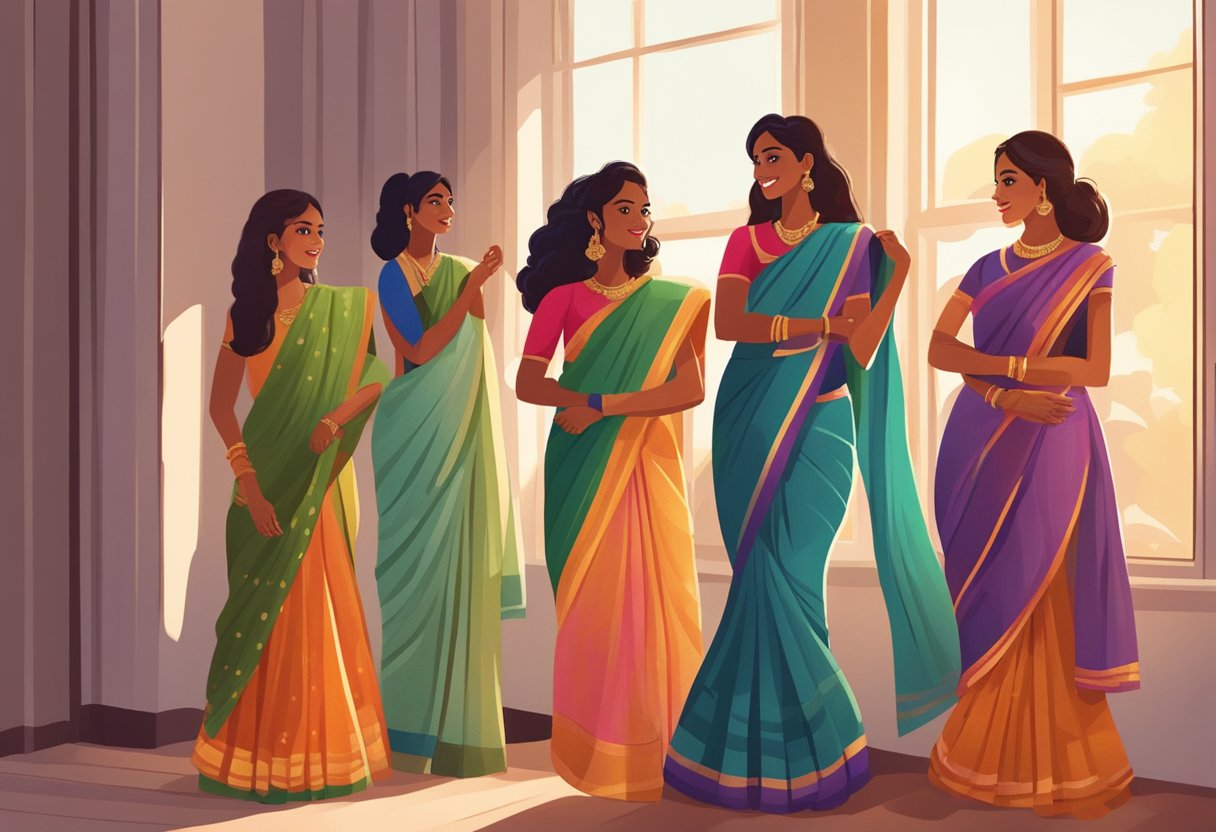 A woman holds up different colored sarees, comparing them to her skin tone. Light from a window illuminates the fabric, emphasizing the vibrant hues